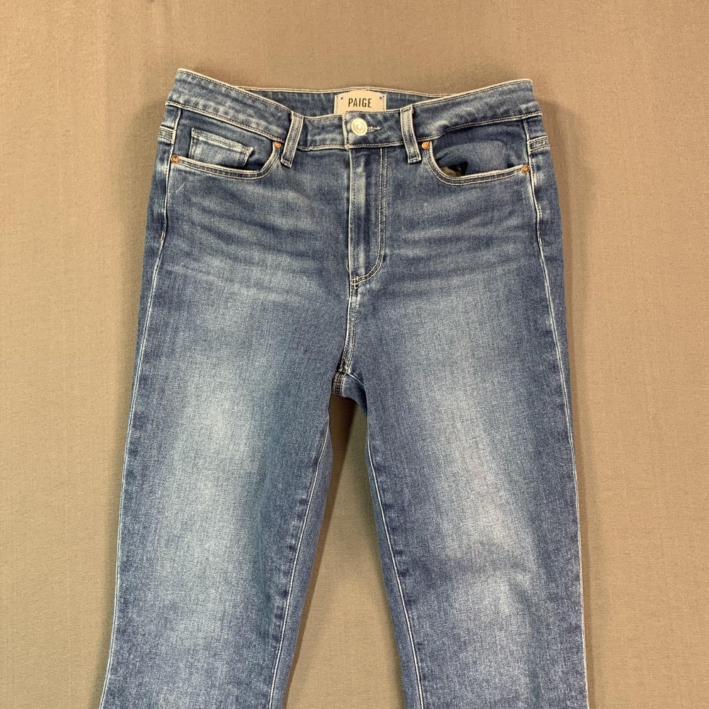 Paige Jeans Womens 29x28 Blue Claudine Mid Rise Crop Flare Raw Hem Stretch - Picture 3 of 16